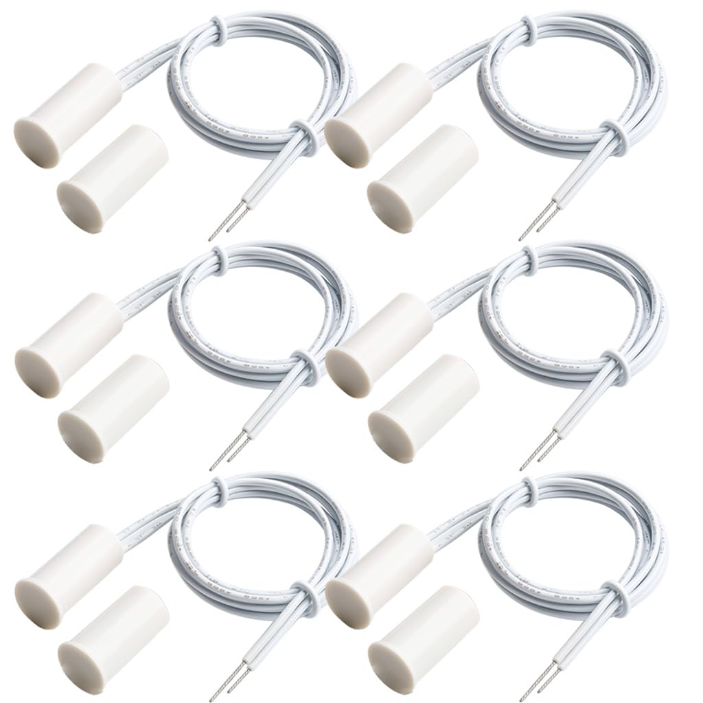 6pcs Recessed Wired Security Window Gate Contact Sensor Alarm Magnetic Reed Switch, Magnet Near - Connect Circuit, Magnet Away - Break Circuit,Magnetic Switch(Cylindrical,White)