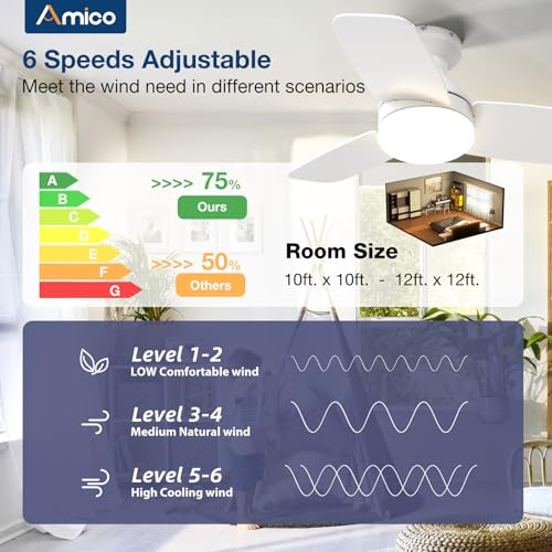 Image of Amico Ceiling Fans with Lights, 30 inch Low Profile Ceiling fan with Light and Remote Control, Flush Mount, Reversible, 3CCT, Dimmable, Noiseless, White Ceiling Fan for Bedroom, Indoor /Outdoor Use