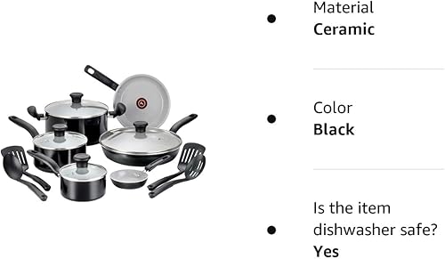 T-fal Initiatives Ceramic Nonstick Cookware Set 14 Piece Oven Safe 350F Pots and Pans Black