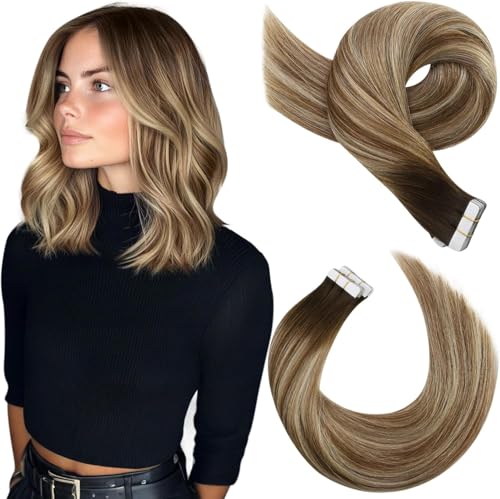 Moresoo Extensiones Adhesivas Cabello Humano 30 cm 20 Piezas 30 g Castaño Oscuro a Medio con Rubio #4/6/613 Look Natural Fácil Aplicación Sujeción Segura Volumen Extra Uso Diario Ocasiones Especiales