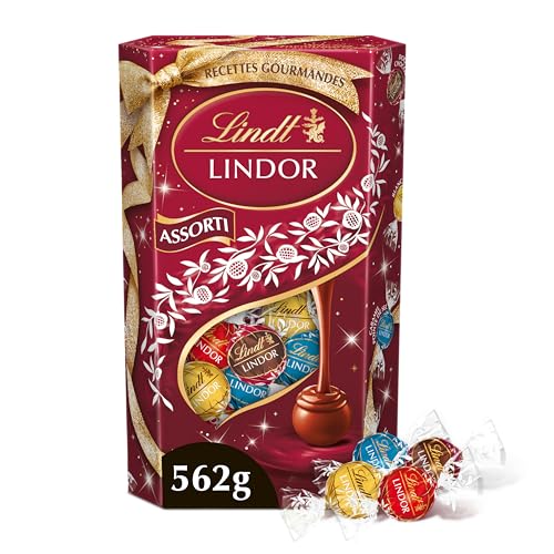 Lindt - Cornet LINDOR - Assortiment de Chocolats au Lait, Blancs, Double Chocolat, Caramel Pointe de Sel - Cœur fondant - Idéal pour Noël, 562g
