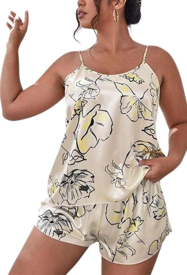 Women's Satin Sleepwear Set – Tie-Dye Print Camisole with Adjustable Straps and Matching Shorts-image-33