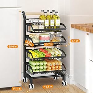 4 Tier Kitchen Snack Cart with Wheels–Versatile Rolling Storage Cart for Pantry Utility Rooms–Adjustable Metal Wire Fruit Vegetable Basket Rack Black with wooden cart handle 4 Tier