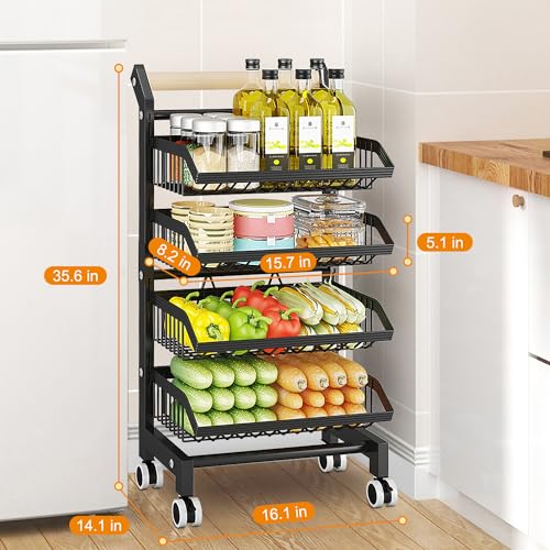 4-Tier-Kitchen-Snack-Cart-with-Wheels–Versatile-Rolling-Storage-Cart-for-Pantry-Utility-Rooms–Adjustable-Metal-Wire-Fruit-Vegetable-Basket-Rack-Black-with-wooden-cart-handle-4-Tier 4 Tier Kitchen Snack Cart with Wheels–Versatile Rolling Storage Cart for Pantry Utility Rooms–Adjustable Metal Wire Fruit Vegetable Basket Rack Black with wooden cart handle 4 Tier