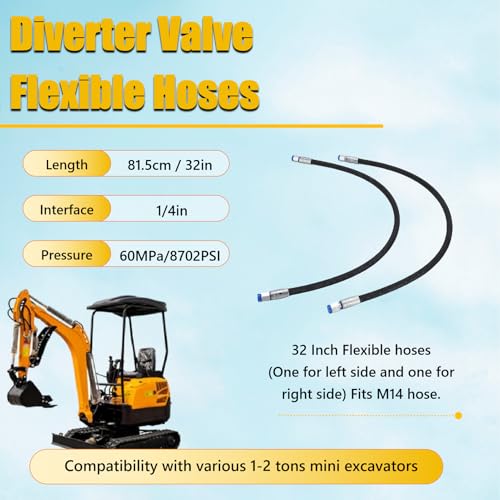 Image of 2PCS Excavator Diverter Valve Hoses for 1-2 ton Chinese Mini Excavator, 32 Inch Excavator Hydraulic Diverter Valve Flexible Hoses Fits M14 Hose, 1 /4in Interface, 60MPa 8702PSI