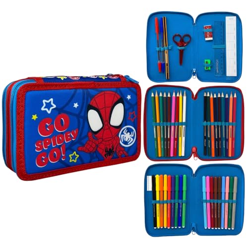 CARTOON Federmäppchen mit 3 Reißverschlüssen, 44 Stück, für die Schule, mehrere Fächer, Stifte, Buntstifte, Filzstifte Giotto, spidey, 20 x 13 x 6 cm, Modern