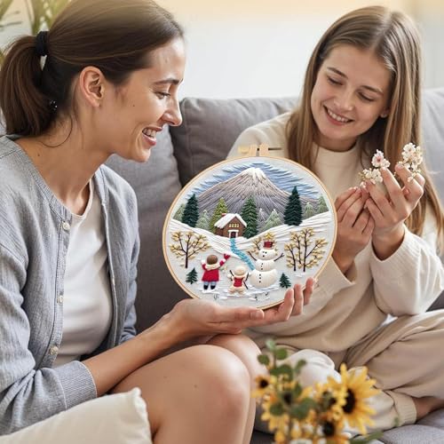 Image of LB Christmas Embroidery Kit for Beginners Adults, 3 Sets Hand Embroidery Starter Kit with Mountain Pattern and Instructions Stamped Cross Stitch Kits Include Embroidery Hoop Needles Threads Scissors
