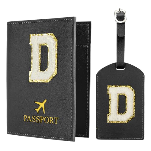PATIKIL Passport Holder for Travel, Initial Passport Cover and Luggage Tag Set with Alphabet Chenille Letter Patch Travel Wallet Bag Suitcase Identifier for Women Family Travel Black D