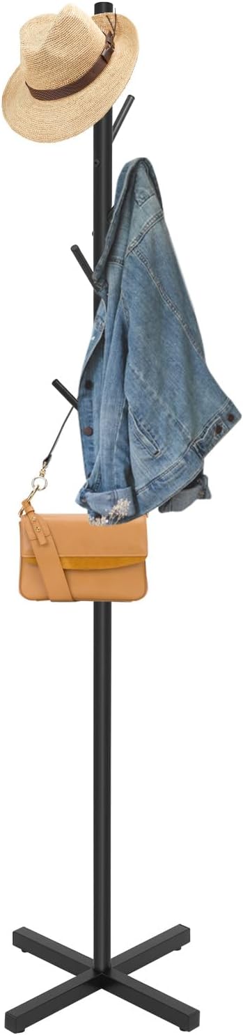 TFCFL Metal Coat Rack Stand with 7 Hooks, Freestanding, Nordic Style, for Coats, Clothes, Hats, Shoes, Umbrella, Purse - Black