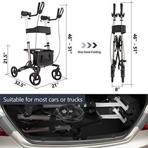 RINKMO Upright Rollator Walker for Seniors and Adults Stand Up Folding Walker with Seats and 8” Wheels, Padded Armrest and Backrest, Tall Rolling Mobility Aid with Basket