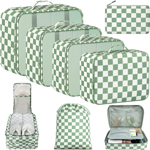 Image of BAGAIL 8 Set Packing Cubes Luggage Packing Organizers for Travel Accessories-Matcha checkered