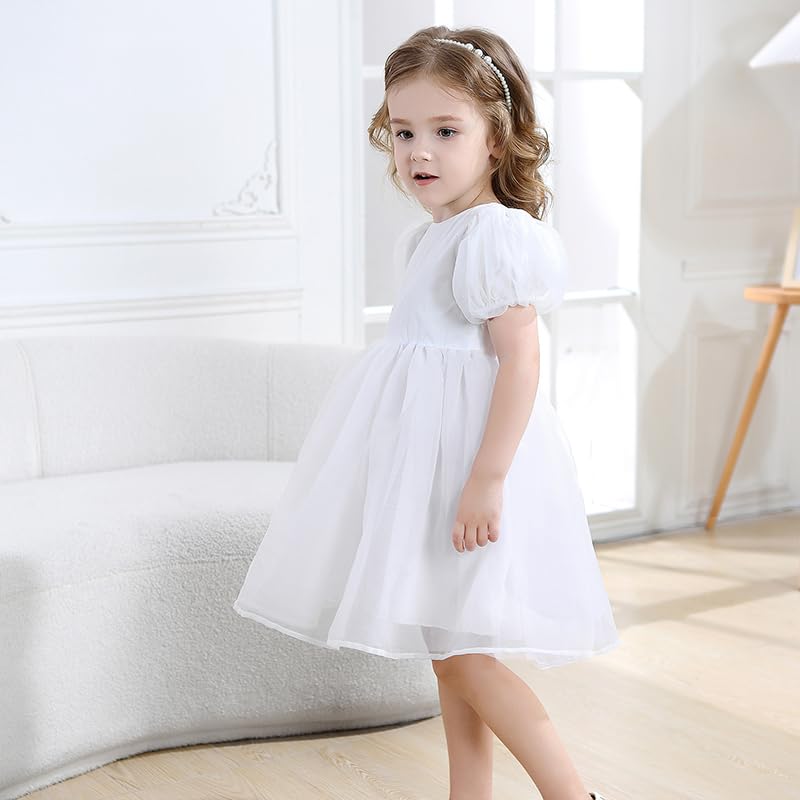 Girls Puff Sleeve Birthday Dress Toddler Tulle Tutu Short Sleeve Party Dressy Flower Girls Dresses for Wedding 1-8Y3
