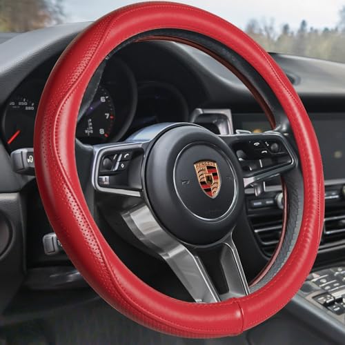 HAOKAY Top Grade Red Genuine Leather Steering Wheel Cover Women, Luxury Steering Wheel Cover for Cars, SUVS and Trucks，Universal 14.5-15 inch by HAOKAY - Used condition - US$27.78