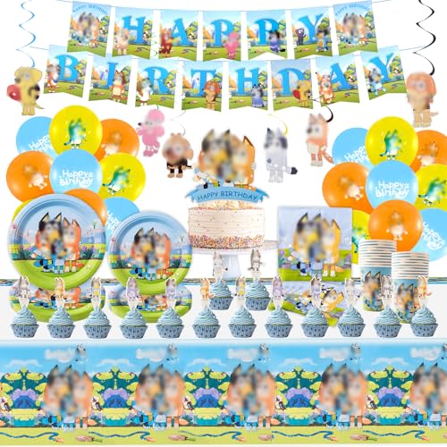 101 Stück Geburtstagsdeko Set Blue Kindergeburtstag Deko Geschirr Geburtstag Party Set Deko Geburtstag Enthält Pappteller Tasse Tischdecke Servietten Cake Toppers Party Dekoration für 10 Gäste