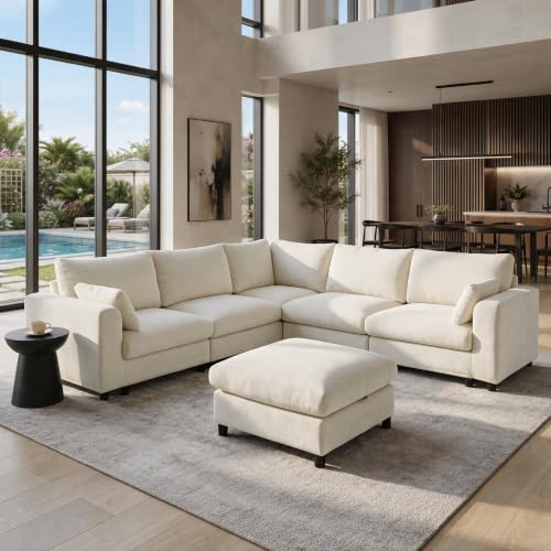 AceGuide Oversized Couch Modular, V Shaped Big Comfy Couch with Ottoman Storage, Deep Seat Sectional Sofa Solid Wood Frame, Home Sofa Living Room, Office, Removable Cover, Cream White