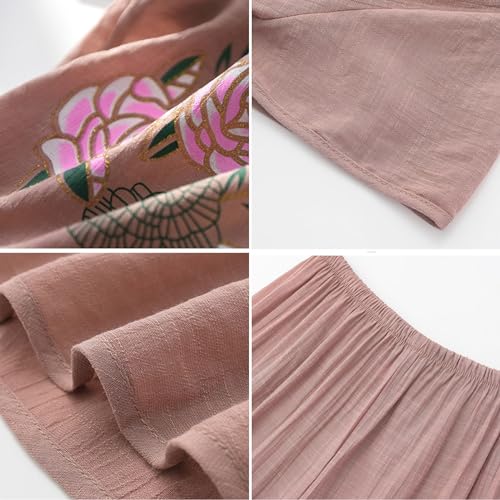 Image of FindThy Women's 2 Piece Linen Outfits Short Sleeve Floral Print Lounge Sets Crewneck Summer Suits