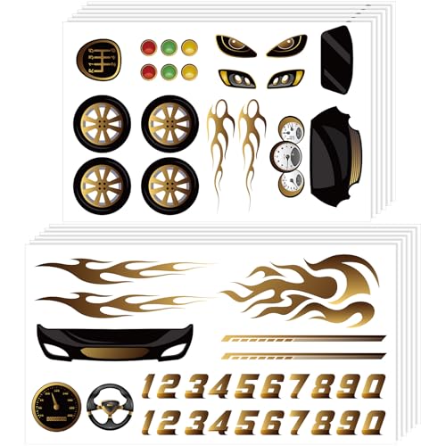 MotiMind 6 Pcs Derby Car Sticker Set Gold Flames Theme Racing Stickers Stripes Wheels Gauges More Decals for Your Derby Car
