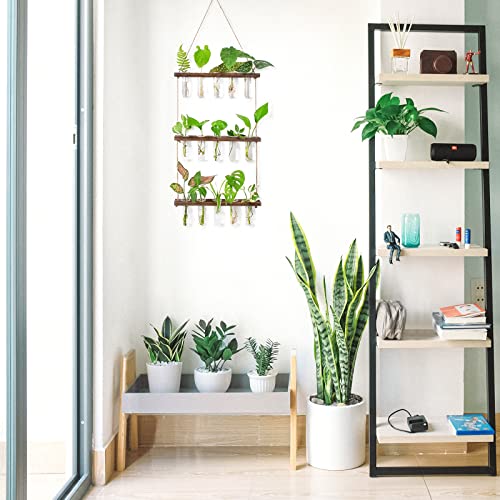 Ivolador Wall Hanging Planter Terrarium With Wooden Stand, 3 Tiered Mini Test Tube Flower Vases Retro Hanging Glass Planter Propagator For Hydroponic Plants Cutting Home Office Garden Decor(Brown) #TOP7