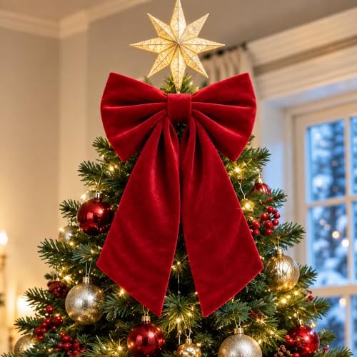 Christmas Tree Topper Bows, 20x35 Large Velvet Wine Red Bows, Burgundy Christmas Bow for Verstaile Xmas Decor - image 1