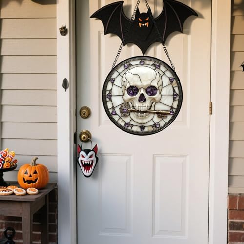 Image of Stained Glass Window Hanging - Halloween Scary Skull Suncatcher for Doors Garden Home Spooky Purple Skeleton Key Sun Catchers Gothic Decor Horror Gifts for Women Men Friend Boy Girl 6.3 in