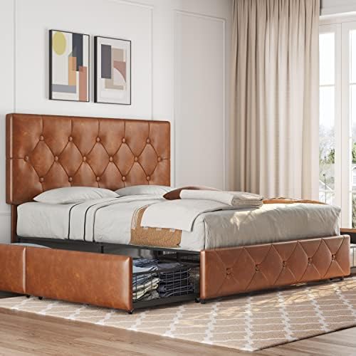 Yaheetech Queen Upholstered Bed Frame with 4 Storage Drawers and Adjustable Headboard, Faux Leather Platform Bed with Mattress Foundation/Strong Wooden Slats Support/No Box Spring Needed/Amber Brown