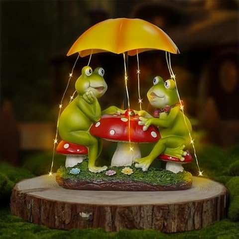 MININOVA Solar Garden Outdoor Decor Statue Frog Figurines Sitting on Mushroom with Umbrella LED String Lights Resin Ornaments for Spring Birthday Housewarming Cover