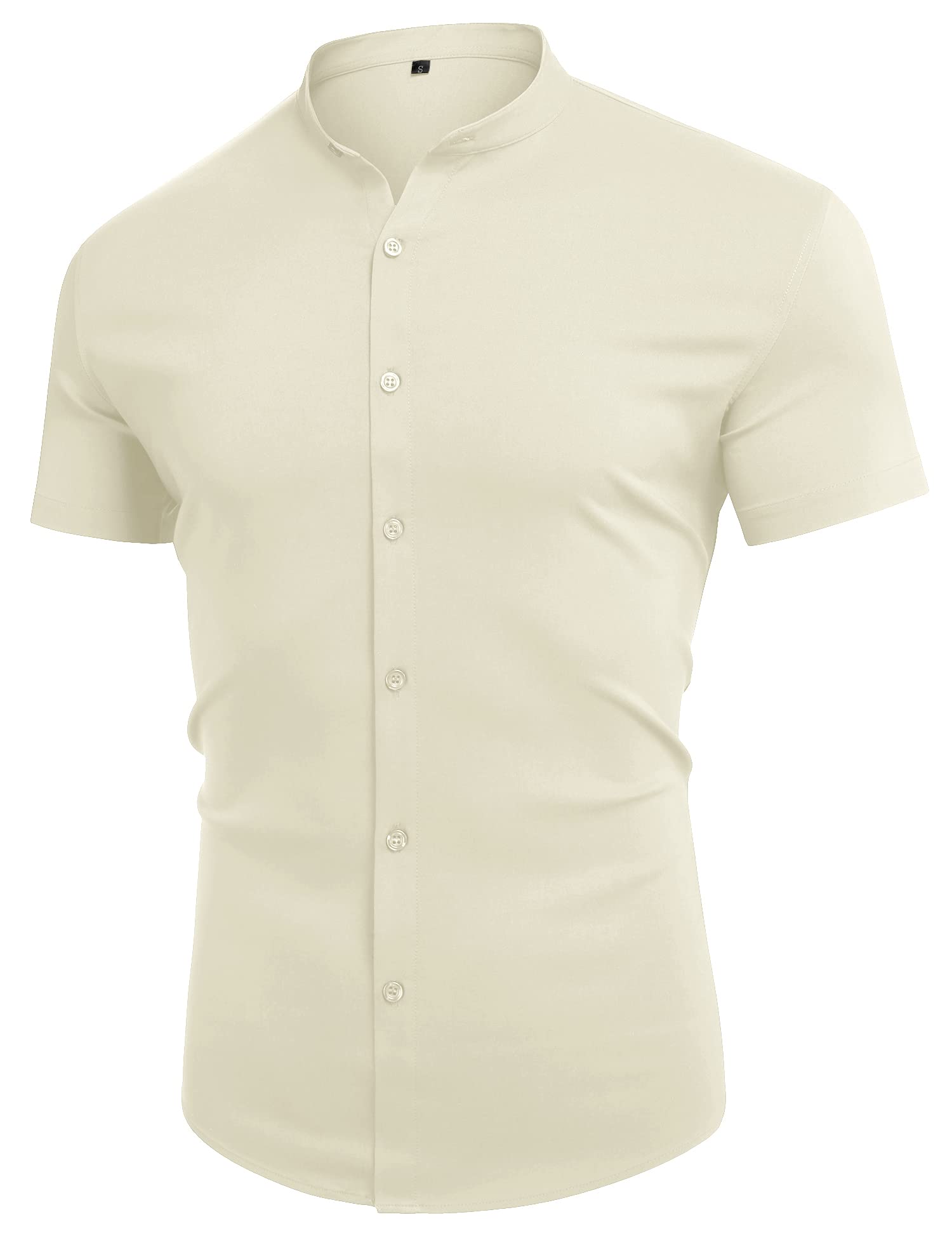 URRU Herren Muskel Hemd Regular Fit Stretch Stehkragen Kurzarm Casual Button Down Hemden Helles Khaki L