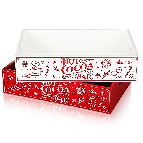Uiifan 2 Pcs Christmas Hot Cocoa Bar Storage Box with Handles Wood Box Decorative Crate Wooden Basket Bin Serving Tray for Home Office Kitchen Xmas Holiday Gift Party Supplies