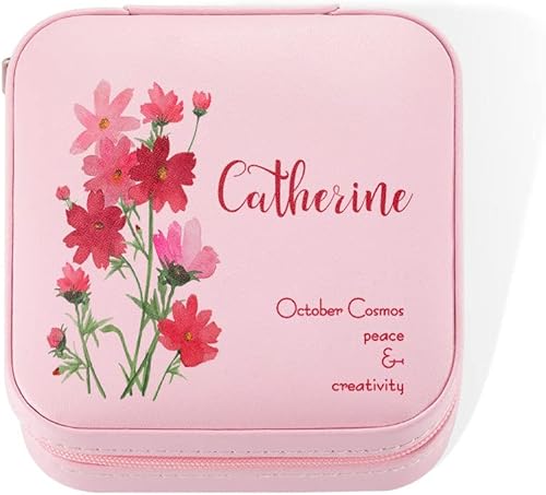 Miniatura 2 de Joyero de viaje de cuero personalizado para mujer, con nombre grabado y flor de nacimiento, funda personalizada, estuche organizador de joyas, caja