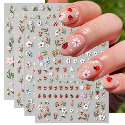 JMEOWIO 3D Embossed Flower Fruit Nail Art Stickers Decals Self-Adhesive 5D Nail Supplies Nail Art Design Decoration Accessories 4 Sheets