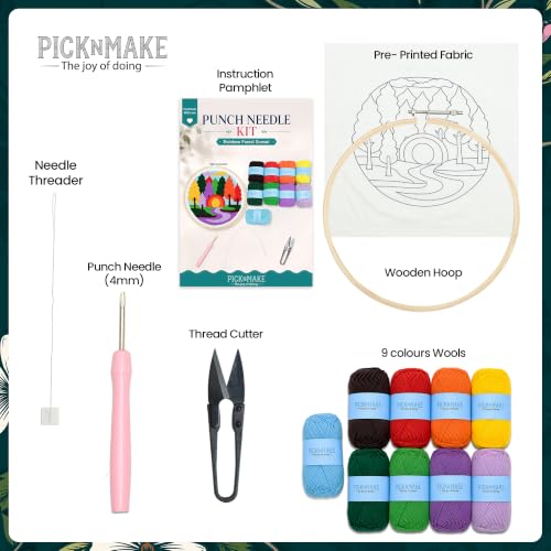 Image of picknMAKE Rainbow Forest Sunset Punch Needle Kit for Beginners | DIY Punch Needle Embroidery Kit with 8 Inch Wooden Hoop, Pre-Printed Fabric, 9 Wool Yarn Colours | Craft Kit for Adults & Gift