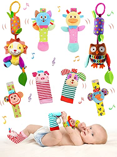 Image of BLOOBLOOMAX Baby Soft Hanging Rattle Crinkle Squeaky Dangling Toy Car Seat Stroller Toys with Plush Animal C-Clip Ring for Infant Babies Boys and Girls 3 6 9 to 12 Months (8pcs-D)