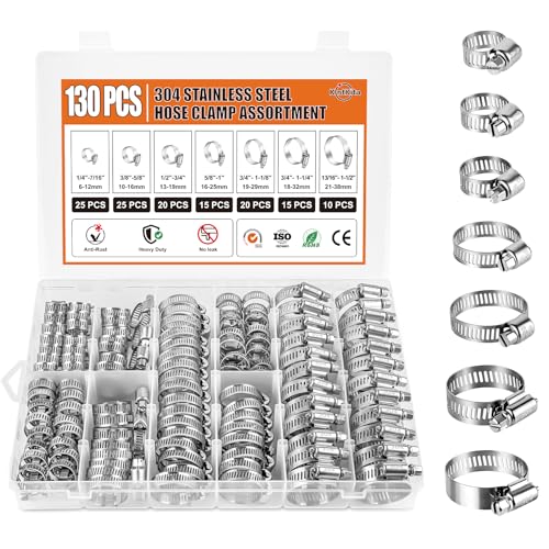 Hose Clamp Assortment Kit 130 PCS, 304 Stainless Steel Hose Clamps 1/4''–1-1/2'' Worm Gear Clamps Pipe Clamp for Auto, Radiator, Fuel Line, Duct,Tube