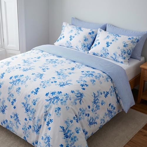 LERUUM House de Couette 240 x220 Coton Fleurie Bleue Rayée Ultra Douce – Parure De Lit 220x240...
