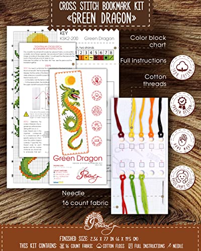 Image of Povitrulya Counted Cross Stitch Kit Green Dragon - DIY Embroidery Book Marker Set for Adults with Paper Pattern, 16 Count Aida Canvas and Presorted Floss