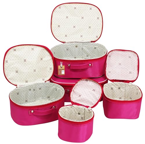 atorakushon Fabric Makeup Pouches Cosmetic Necklace Ring Earrings Bangle Vanity Box Jewellery Locker Organizer For Women Bridal Bag Travel Kit With 5 Boxes Case (Pink)