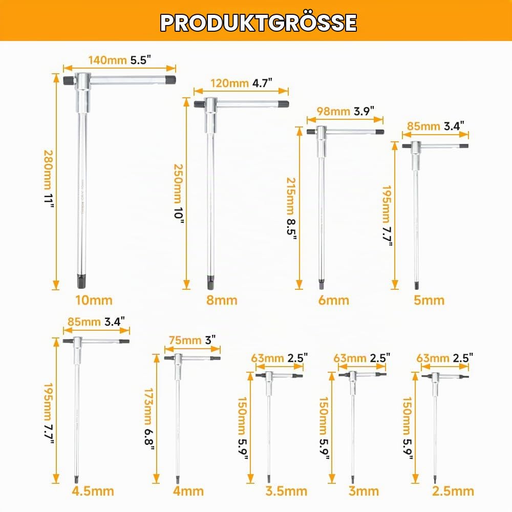Hoteche 9-teiliges Sechskantschlüsselset T-Griff | 2,5-10mm | CRV Chrom-Vanadium-Stahl | Mattverchromt