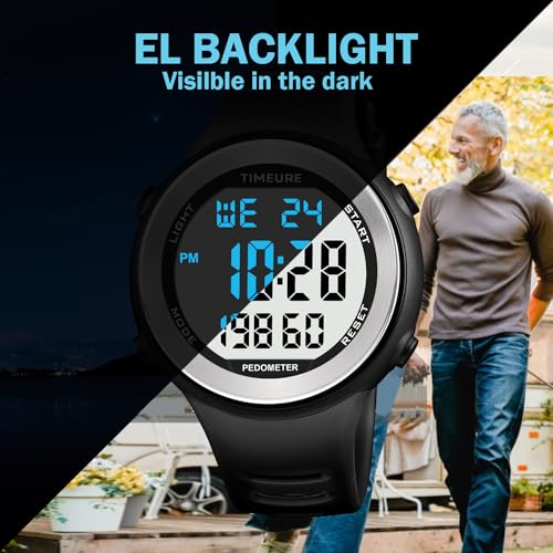 Sport Wasserdicht Schrittzähler Uhr zum Gehen Kein Aufladen Keine App Verbindung mit EL Hintergrundbeleuchtung Einfache, praktische Wahl für mobile Fitnessbegeisterte TIMEURE-2308 (Schwarz)