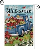 FIBEROMANCE Welcome Garden Flag Spring Flag Watercolor Truck Flower Flag Vertical Double Sided Outdo
