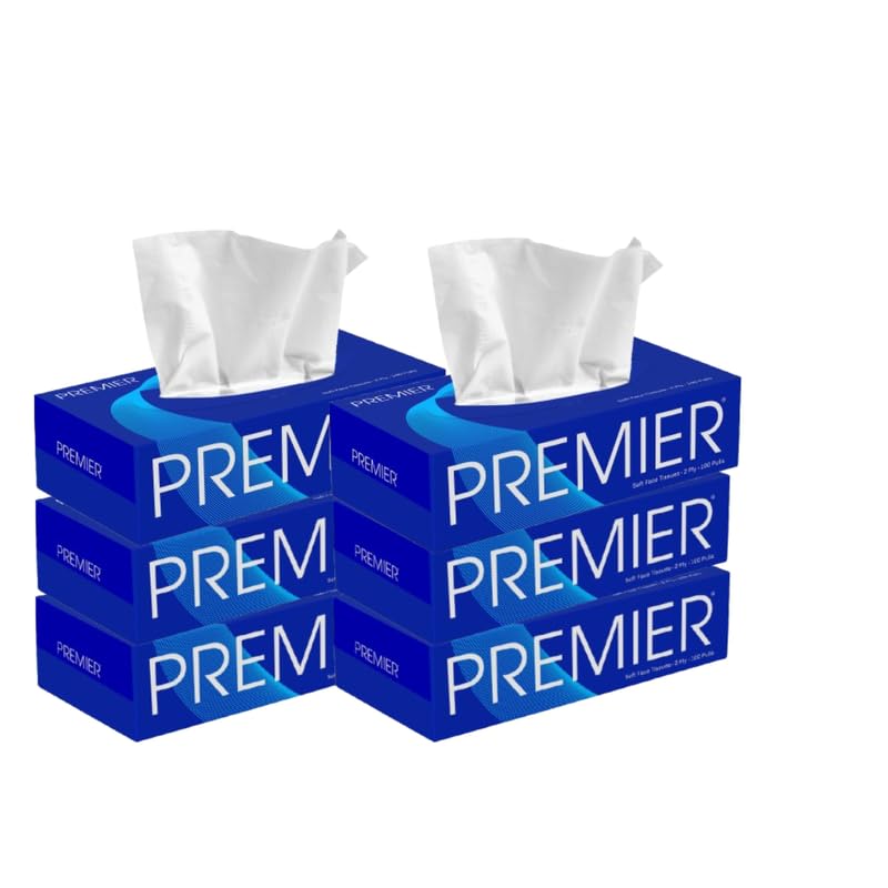 Image of Premier 2-Ply Box Face Tissue Papers - 100 Pulls per Box (Pack of 6, 600 Pulls, 1200 Sheets) -Ultra Soft, Gentle & Highly Absorbent Facial Tissues for Home, Office, Car & Travel | Blue