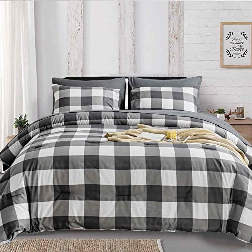 Plaid Bedding Comforter Set Queen Size, 7 Piece Grey Buffalo Check Microfiber Bed In A Bag - Soft & Lightweight All Season Down Alternative Comforter With Sheets For Teens Women Men, Light Gray #TOP22