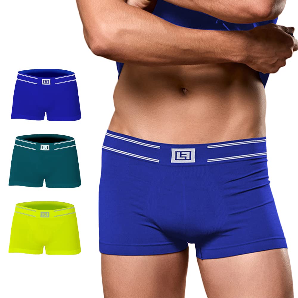 Focenza Men's Petroleum-Bluetooth-Yellow Fluo Set Of 3 Boxer Briefs In Stretch Microfibre, Seamless Underpants With Good Support, Made In Italy, L-Xl