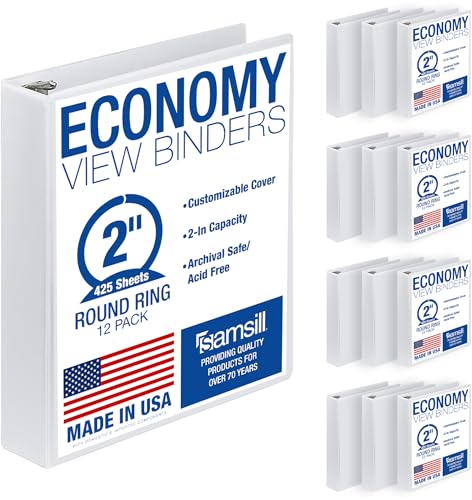 Samsill 2 Inch 3 Ring Binders Economy Round Ring Clear View Cover 425 Sheet Capacity - for School Home Office - White 12 Pack