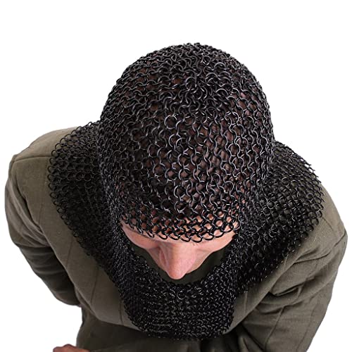 Image of AnNafi Chainmail Coif Iron Steel V-Neck Chain Mail Hood Medieval Templar Crusader Re-enacment Armor Costume,Black