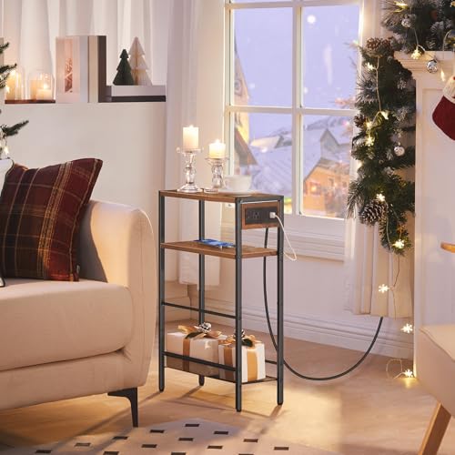 Image of HOOBRO Small Narrow Side Table with Charging Station, Skinny End Table for Small Spaces, Slim Nightstand with USB Ports Outlet, Sofa Beside Table with Storage Shelf, Rustic Brown and Black BF102UBZ01