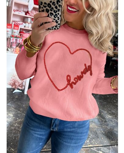 Image of SELINK Women's Valentines Sweater Crew Neck XOXO Heart Print Casual Long Sleeve Pullover Tops Sweaters Pink Heart-S