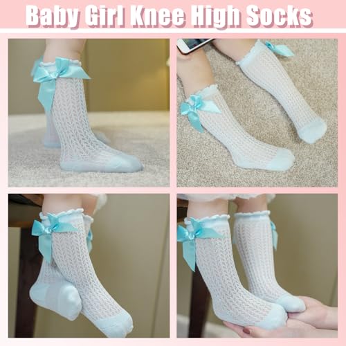GUXIMIAR Baby Knee High Socks Newborn Ruffle Bow Sock Infant Toddler Long Socks Girls Uniform Stockings Blue, 12-24 Months - Thumbnail 2