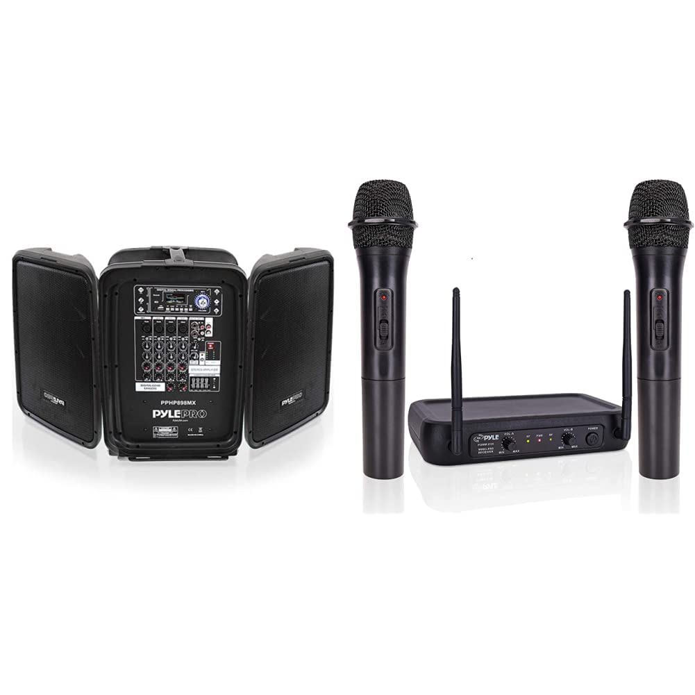 Pyle PPHP898MX 600 Watt 8-Channel Portable Bluetooth Wireless PA Speaker Amplifier Kit & Channel Microphone System-VHF Fixed Dual Frequency Wireless Set with 2 Handheld Dynamic Transmitter Mics