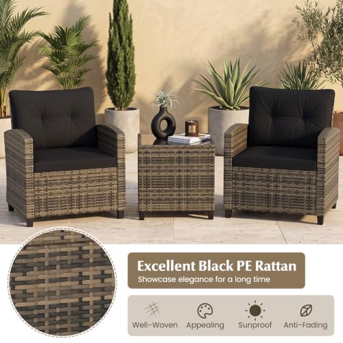 Image of Tangkula 3 Piece Patio Furniture Set, Rattan Conversation Set w /Soft Seat & Back Cushions, Tempered Glass Topped Coffee Table, Cushioned Wicker Seating Set for Backyard, Porch, Poolside