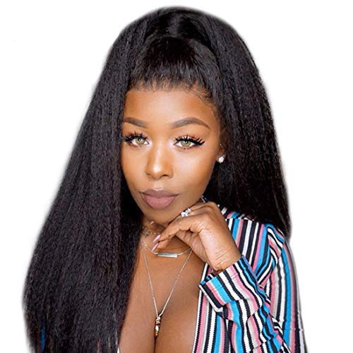 Kinky Straight Wig Human Hair Lace Front Wig Pre Plucked Bleached Knots Light Yaki Straight Wig High Density With Baby Hair 4x4 Lace Closure Wig For Women Indian Natural Virgin Hair Human 1B 24 Inch